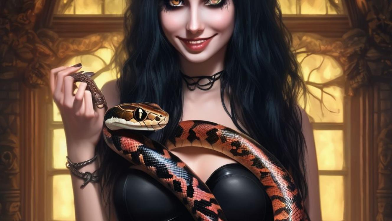 A goth woman holding a snake