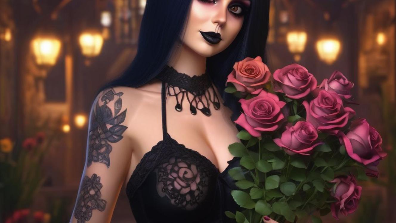 A goth woman holding pink flowers