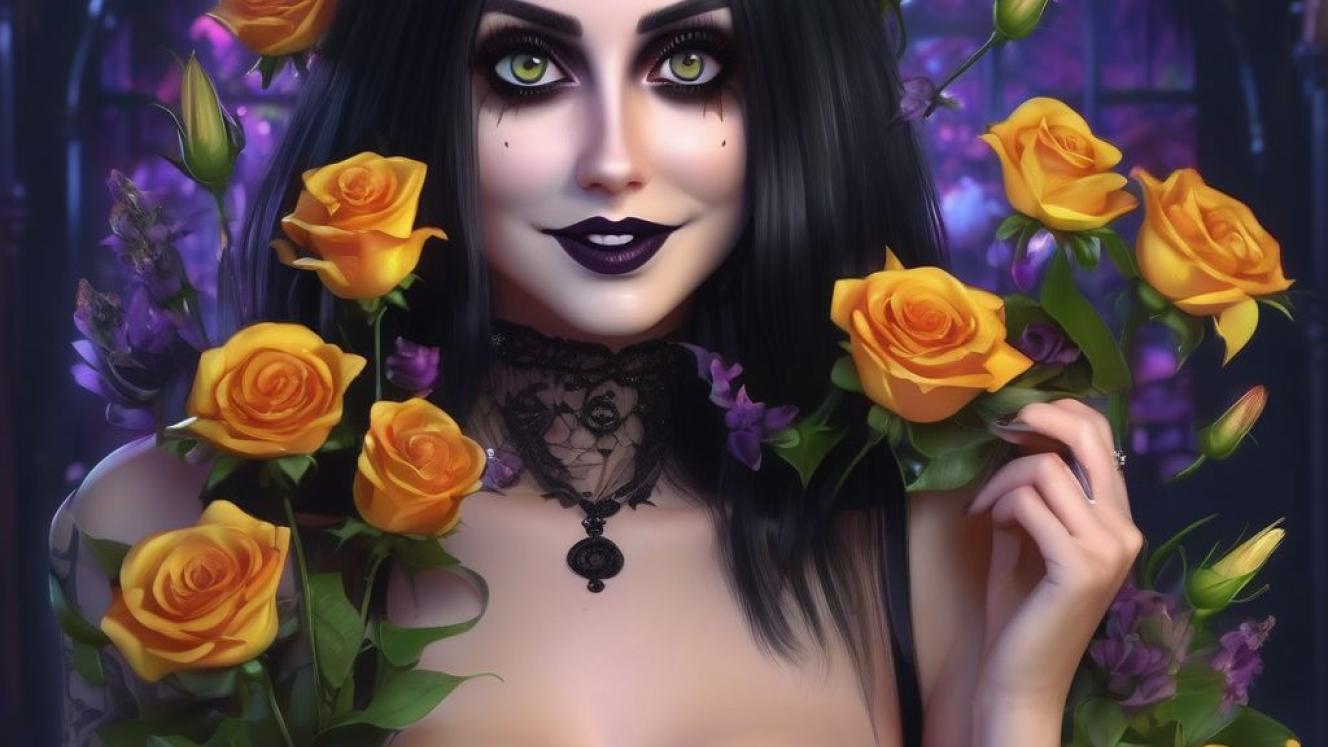 A goth woman holding yellow flowers.