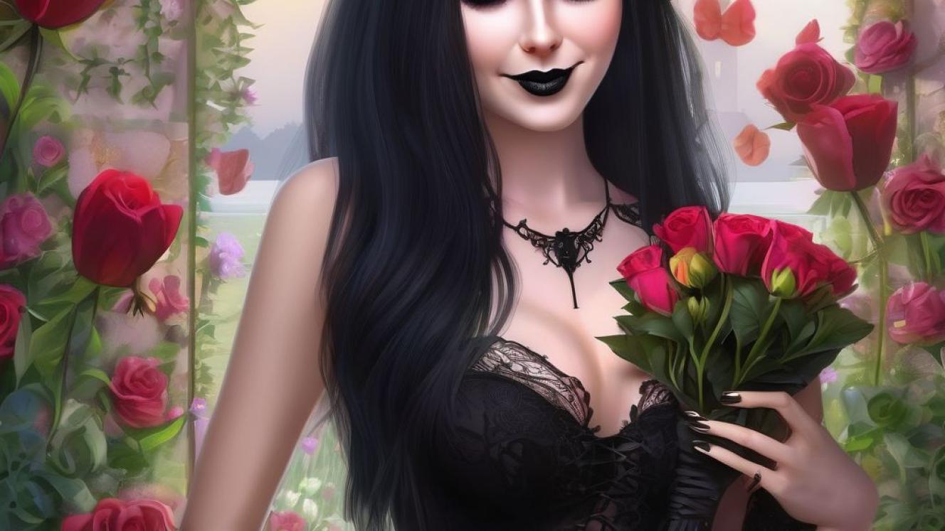 A goth woman holding red flowers.