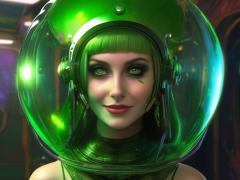 Goth women with green globe helmet