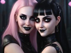 Two goth women hugging