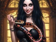 A goth woman holding a snake