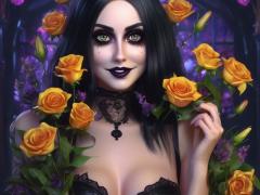 A goth woman holding yellow flowers.