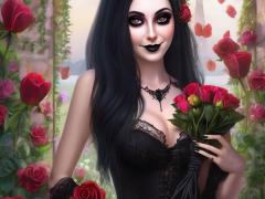 A goth woman holding red flowers.